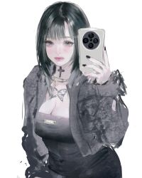 Rule 34 | 1girl, black dress, black hair, black jacket, black nails, blush, breasts, cellphone, cleavage, cross, dress, grey eyes, highres, holding, holding phone, iggy.m, jacket, jewelry, large breasts, long sleeves, medium hair, necklace, original, phone, self-portrait, selfie, solo, white background