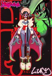 1girl arms_at_sides artist_name bare_legs black_hair blood blood_from_mouth blood_on_clothes border bram_stoker&#039;s_dracula breasts cleavage cleavage_cutout clothing_cutout colored_skin cross dark-skinned_female dark_skin dreadlocks facing_viewer fingernails frilled_sleeves frills full_body glasses hat highres large_breasts latin_cross leotard linesharkart lips long_fingernails long_hair long_sleeves looking_at_viewer looking_over_eyewear mole mole_under_eye pointy_ears purple_skin red_border red_eyes sharp_fingernails shoes simple_background slit_pupils very_long_hair
