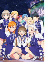 6+girls arashi_chisato artbook black_hair blonde_hair blue_dress blue_eyes blue_hair braid brown_hair double_bun dress earrings epaulettes green_eyes grey_hair hair_between_eyes hair_bun hair_ornament hairband hazuki_ren heanna_sumire highres jewelry long_hair long_sleeves looking_at_viewer love_live! love_live!_superstar!! medium_hair multiple_girls night night_sky non-web_source official_alternate_costume official_art on_one_knee one_eye_closed onitsuka_natsumi orange_eyes orange_hair pink_eyes ponytail purple_eyes red_eyes red_hair sakurakoji_kinako shibuya_kanon shoes short_hair sing!_shine!_smile! sky smile squatting standing star_(symbol) tang_keke twintails wakana_shiki white_hair yellow_eyes yoneme_mei
