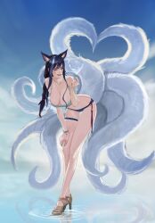 Rule 34 | 062 arts, 1girl, absurdres, ahri (league of legends), animal ears, bare shoulders, bikini, black hair, blue bikini, bracelet, braid, breasts, brown eyes, cleavage, collarbone, extra ears, facial mark, finger heart, fox ears, fox tail, full body, green shirt, grey hair, heart, heart tail duo, highres, jewelry, large breasts, league of legends, long hair, multicolored hair, multiple tails, navel, one eye closed, shirt, smile, solo, standing, standing on liquid, streaked hair, swimsuit, tail, thigh strap, thighs, whisker markings