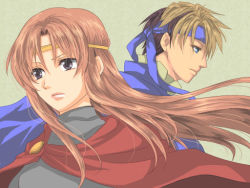 1boy 1girl aqua_eyes black_hair brown_hair cape circlet colored_bangs flik_(suikoden) gensou_suikoden gensou_suikoden_i grey_eyes hanondc headband long_hair multicolored_hair odessa_silverberg serious two-tone_hair
