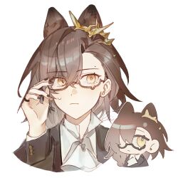 Rule 34 | 1girl, adjusting eyewear, animal ears, arknights, black nails, brown-framed eyewear, brown hair, chibi, chibi inset, closed mouth, cnsmsoup, commentary, fingernails, glasses, hair behind ear, hair between eyes, hair ornament, jewelry, long sleeves, medium hair, mole, mole above eye, nail polish, penance (arknights), ring, semi-rimless eyewear, simple background, solo, sweatdrop, symbol-only commentary, under-rim eyewear, white background, yellow eyes