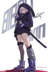 1girl absurdres animal_hood bandaid bandaid_on_face bandaid_on_nose black_jacket blood blood_on_face grey_hair grey_leg_warmers grey_thighhighs highres hololive hololive_english hood imfa46 jacket koseki_bijou koseki_bijou_(casual) leg_warmers metal_wings purple_eyes purple_footwear rabbit_hood single_leg_warmer single_thighhigh solo thighhighs tomato_(sword) virtual_youtuber