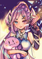 Rule 34 | 127, 1girl, archived source, blue eyes, breasts, dragoon (selen tatsuki), gun, hair ornament, hairclip, handgun, head wings, heterochromia, highres, holding, holding weapon, large breasts, nijisanji, nijisanji en, open mouth, ponytail, purple hair, selen tatsuki, selen tatsuki (2nd costume), smile, solo, upper body, virtual youtuber, weapon, wings