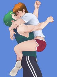 2boys ace_of_diamond black_pants blush brown_hair couple dolphin_shorts closed_eyes face-to-face green_hair green_tank_top highres hug imminent_kiss kuramochi_youichi looking_at_another male_focus multiple_boys open_mouth pants red_shorts sawamura_eijun shirt short_hair shorts simar1s socks tank_top teeth upper_teeth_only white_legwear white_shirt yaoi