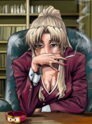 Rule 34 | 1girl, ashtray, balalaika (black lagoon), black lagoon, blonde hair, blue eyes, bookshelf, breasts, burn scar, chair, cigarette, cleavage, commentary request, covered mouth, formal clothes, highres, jacket, large breasts, mimiyama kiichi, mole, mole under eye, nail polish, office chair, red nails, red suit, scar, scar on face, sitting, smoke, smoking, solo, suit, suit jacket, swivel chair