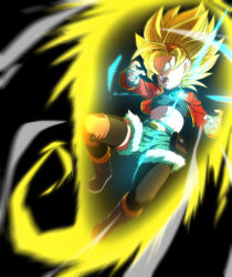 Rule 34 | 1girl, asymmetrical legwear, attack, aura, belt, blonde hair, blue eyes, boots, crop top, dragon ball, dragon ball heroes, energy ball, fanny pack, fingerless gloves, flat chest, gloves, green shorts, hairband, jacket, midriff, open clothes, open jacket, open mouth, orange hairband, pan (dragon ball), pan (xeno), pan (xeno) (dragon ball), red jacket, rom (20), shorts, solo, spiked hair, super saiyan, super saiyan 1