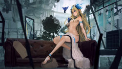 1girl :&lt; animal_on_finger ankle_garter arm_garter bird blonde_hair blue_eyes bone couch dna fossil frilled_thigh_strap hair_ornament highres indoors looking_at_animal model museum nude original planetarium pointy_ears post-apocalypse sabiirodoramu sitting solo syringe thigh_strap unworn_clothes