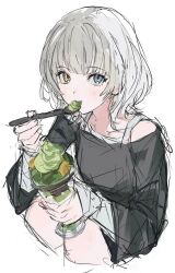 1girl bang_dream! bang_dream!_it&#039;s_mygo!!!!! blue_eyes commentary_request eating heterochromia highres hiyokoda holding holding_spoon ice_cream_spoon kaname_raana korean_commentary matcha_parfait short_hair simple_background sketch solo spoon white_background white_hair wolf_cut yellow_eyes