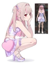 Rule 34 | 1girl, bag, bare shoulders, bracelet, brown hair, colored inner hair, crop top, ear piercing, earrings, frilled thigh strap, full body, hair intakes, hair ribbon, heart-shaped bag, high heels, highres, jewelry, makaino ririmu, miniskirt, multicolored hair, nijisanji, open-toe shoes, piercing, pink hair, plaid clothes, plaid skirt, purple shoes, purple skirt, red eyes, reference inset, ribbon, sakura 243905, shoes, shoulder bag, simple background, skirt, smile, solo, squatting, strapless, streaked hair, thigh strap, two-tone hair, two side up, white background
