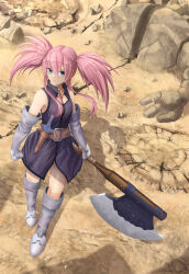 1girl absurdres after_battle axe bare_shoulders belt belt_buckle blue_eyes boots buckle closed_mouth commentary_request dress elbow_gloves full_body gloves grey_boots grey_gloves highres holding holding_axe long_hair looking_at_viewer pink_hair presea_combatir purple_dress rock sidelocks silvertsuki sleeveless sleeveless_dress solo standing tales_of_(series) tales_of_symphonia twintails