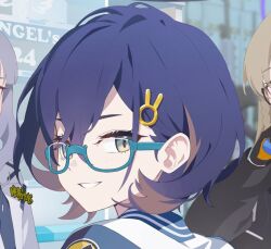 3girls black-framed_eyewear black_jacket blonde_hair blue-framed_eyewear blue_archive blue_hair blue_jacket chihiro_(blue_archive) close-up commentary_request glasses grey_eyes grey_hair grin hair_ornament hare_(blue_archive) jacket kotama_(blue_archive) looking_at_viewer looking_back multiple_girls out_of_frame portrait rabbit_hair_ornament ramuri semi-rimless_eyewear short_hair smile under-rim_eyewear white_jacket