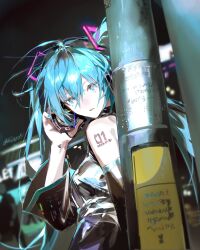 1girl absurdres aqua_eyes aqua_hair bare_shoulders black_sleeves blue_eyes blue_hair blurry blurry_background detached_sleeves from_side grey_shirt hair_between_eyes hair_ornament hand_up hatsune_miku headphones highres long_hair looking_at_viewer nail_polish night number_tattoo parted_lips shirt shoulder_tattoo signature sleeveless sleeveless_shirt solo tattoo twice12314 twintails upper_body very_long_hair vocaloid