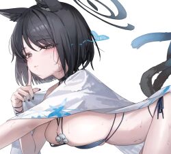 1girl animal_ear_fluff animal_ears bakeneko bikini black_eyes black_nails black_tail blue_archive blue_bikini blue_halo blue_tail blush breasts cat_ears cat_girl cat_tail closed_mouth commentary_request criss-cross_straps fingernails from_side gradient_tail halo highres jun_daniell kikyou_(blue_archive) kikyou_(swimsuit)_(blue_archive) layered_bikini looking_at_viewer medium_breasts multi-strapped_bikini_bottom multiple_tails nail_polish official_alternate_costume short_hair sideboob simple_background solo swimsuit tail two_tails white_background