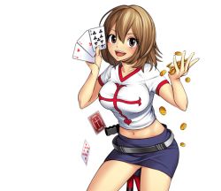 1girl breasts brown_eyes elie large_breasts light_brown_hair looking_at_viewer midriff navel official_art rave_(manga) skirt smile solo