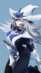 1girl absurdres artist_name bibiri_(r42r98r) blue_background blue_dress blue_gemstone breasts dress duel_monster expressionless gem gloves grey_hair hand_on_own_thigh hat highres holding holding_staff large_breasts long_hair long_sleeves looking_at_viewer mage_staff pants purple_eyes signature silent_magician simple_background staff tall_female tight_clothes tight_pants white_dress white_gloves witch_hat yu-gi-oh!