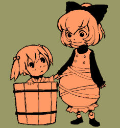 bow brown_theme bucket buttons closed_mouth commentary_request dress expressionless full_body hair_bobbles hair_bow hair_bun hair_ornament holding_hands in_bucket in_container kisume kurodani_yamame long_dress long_sleeves looking_at_another monochrome onikobe_rin pinafore_dress shoes short_hair simple_background single_hair_bun sleeveless sleeveless_dress smile touhou