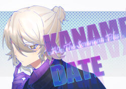 1boy ai_the_somnium_files artificial_eye black_jacket blonde_hair character_name date_kaname glint gloves half_updo jacket looking_at_viewer lxnlxn male_focus medium_hair purple_gloves purple_sweater ribbed_sweater sidelocks solo sweater turtleneck turtleneck_sweater yellow_eyes