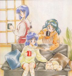 1980s_(style) 3girls animal apron artist_request blue_eyes blue_hair cat closed_eyes closed_mouth coffee coffee_mug coffee_pot couch cup cushion drink floral_print food green_eyes green_hair hairband highres holding holding_coffee_pot holding_cup holding_drink holding_plate indoors kneehighs long_hair long_sleeves looking_at_animal looking_at_another looking_back mug multiple_girls official_art oldschool on_couch open_mouth orange_sweater petting plaid_apron plaid_clothes plant plate potted_plant print_socks red_apron red_shorts retro_artstyle scan serizawa_kasumi serizawa_miki shoko_(super_real_mahjong) short_hair shorts siblings sisters sitting sleeping sliding_doors smile socks standing super_real_mahjong sweater third-party_source traditional_media white_cat white_sweater yellow_hairband