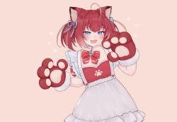1girl :3 absurdres ahoge akami_karubi animal_ears animal_hands apron blue_eyes bow bowtie cat_ears choker crazy_raccoon dress fang frilled_apron frills fur-trimmed_gloves fur_trim gloves gradient_hair hair_ribbon highres looking_at_viewer maid maid_apron multicolored_hair open_mouth paw_gloves paw_pose paw_print paw_print_background pink_background red_bow red_bowtie red_dress red_hair ribbon simple_background slit_pupils solo twintails upper_body virtual_youtuber white_apron zephda