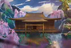 architecture building cherry_blossoms cloud commentary east_asian_architecture highres house mountain nature no_humans rajawat scenery sekiro:_shadows_die_twice sky spring_(season) stairs tree veranda water waterfall