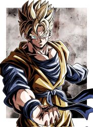 Rule 34 | 1boy, amputee, blonde hair, blue shirt, border, clenched hand, closed mouth, dougi, dragon ball, dragonball z, green eyes, highres, male focus, muscular, muscular male, orange pants, orange shirt, pants, scar, scar across eye, scar on face, shadow, shirt, solo, son gohan, son gohan (future), spiked hair, super saiyan, super saiyan 1, ushi (akabec0), white border