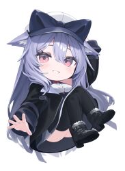1girl animal_ear_fluff animal_ears arm_up ass black_jacket black_shoes black_thighhighs blue_bow blue_hair blush boots bow breasts cat_ears chibi full_body fur_trim grin hair_between_eyes hand_on_headwear hat hat_bow highres jacket kikyo_(vrchat) long_hair long_sleeves looking_at_viewer medium_breasts open_clothes open_jacket pink_eyes ponderogen purple_hair red_eyes shirt shoes simple_background skirt smile solo thighhighs transparent_background very_long_hair vrchat white_background white_shirt