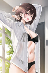 1girl absurdres arm_up black_bra black_panties bra breasts brown_hair buttons cleavage commentary_request cowboy_shot dress_shirt hand_up highres indoors lebring long_sleeves medium_breasts navel one_eye_closed open_clothes open_mouth open_shirt original panties red_eyes shirt short_hair solo stomach underwear white_shirt