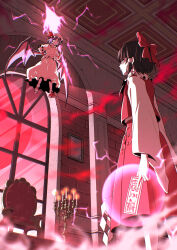 Rule 34 | 2girls, ascot, bat wings, between fingers, bow, brown hair, candle, candlestand, closed mouth, collared shirt, commentary request, detached sleeves, embodiment of scarlet devil, energy, fighting, flying, gohei, hair bow, hair tubes, hakurei reimu, hat, hat ribbon, highres, holding, holding gohei, holding weapon, indoors, inuno rakugaki, medium hair, mob cap, moon, multiple girls, official alternate costume, ofuda, ofuda between fingers, red bow, red eyes, red moon, red ribbon, red shoes, red skirt, remilia scarlet, ribbon, ribbon-trimmed sleeves, ribbon trim, shaded face, shirt, shoes, skirt, skirt set, socks, spear the gungnir, touhou, weapon, white hat, white shirt, white skirt, white socks, window, wings