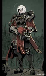 .75_calibre_bolt 1girl adepta_sororitas ammunition anti-materiel_cartridge armor artist_name bob_cut bolt_(warhammer_40k) bolter drum_magazine full_body gauntlets grey_eyes grey_sky gun high-explosive_cartridge ho-uja holding holding_gun holding_weapon looking_at_viewer magazine_(weapon) no_humans outdoors parted_lips pauldrons pelvic_curtain rocket-assisted_projectile sheath sheathed short_hair shoulder_armor sky solo standing sword warhammer_40k weapon white_hair window_magazine