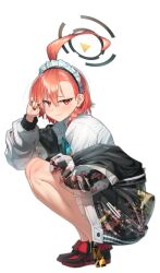 1girl absurdres ahoge black_nails black_shoes blue_archive blush commentary_request highres huge_ahoge jacket looking_at_viewer maid_headdress medium_hair mole mole_under_eye neru_(blue_archive) pink_hair red_eyes shirt shoes simple_background sitting solo sukajan walking_nakta white_background white_shirt