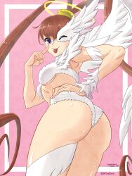 1girl ;p amano_nene_(digimon_xros_wars) armpits artcetona ass breasts brown_hair digimon digimon_xros_wars feathered_wings feathers halo hand_on_own_hip long_hair looking_at_viewer looking_back luminamon luminamon_(nene_ver.) one_eye_closed purple_eyes small_breasts split_ponytail tongue tongue_out very_long_hair wings wink