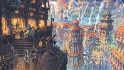 aircraft architecture armor artist_name bag bird black_hair boots bridge brown_hair building city cityscape cloud concept_art day fantasy fountain green_hair hat helmet highres holding horse lamppost long_hair multiple_boys multiple_girls nagi_itsuki original outdoors pavement plant railing riding road scenery short_hair sign skirt sky stairs standing statue tree walking water weapon window witch_hat