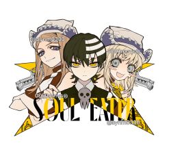 1boy 2girls :d alternate_skin_color aynm010330 black_hair blue_eyes blush_stickers chinese_commentary closed_mouth copyright_name crossed_arms death_the_kid elizabeth_thompson fang frown gun hat highres index_finger_raised long_hair male_focus midriff_peek multiple_girls open_mouth pale_skin patricia_thompson portrait ringed_eyes short_hair skin_fang smile soul_eater split_mouth straight_hair striped_hair twitter_username weapon white_background yellow_eyes