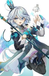 Rule 34 | 1girl, absurdres, bare shoulders, blue dress, blue eyes, blue gemstone, blue hair, cerydra (honkai: star rail), cerydra (honkai: star rail) (cosplay), commentary request, cosplay, crown, detached sleeves, dress, drop-shaped pupils, foot out of frame, furina (genshin impact), gem, genshin impact, hair between eyes, heterochromia, highres, holding, holding scepter, honkai: star rail, honkai (series), jewelry, long sleeves, looking at viewer, mihoyo, mini crown, open mouth, penguin (penguin38988638), ring, scepter, short hair, simple background, solo, standing, standing on one leg, sweatdrop, symbol-shaped pupils, trait connection, white background, wings
