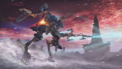 Rule 34 | absurdres, armored core, armored core vi: fires of rubicon, double blade, elani s222s, energy blade, full body, glowing, gun, highres, holding, holding gun, holding weapon, mecha, mecha focus, missile pod, no humans, reverse-jointed legs, robot, science fiction, solo, standing, steel haze, thrusters, v.iv rusty, weapon