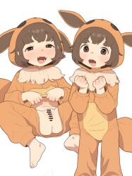 1girl animal_costume anus bar_censor barefoot blush brown_eyes brown_hair censored commentary cosplay eevee eevee_(cosplay) english_commentary flat_chest gen_1_pokemon highres loli looking_at_viewer navel nintendo open_mouth original paid_reward_available poke_kid_(pokemon) pokemon pokemon_swsh possummachine pussy short_hair simple_background toenails toes white_background