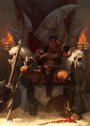 1girl abs absurdres armor axe battle_axe black_hair boots brazier brown_eyes dark_skin earrings fur_trim gara&#039;ha_ironbane greaves highres jewelry leaning_back loincloth long_braid looking_at_viewer lyna-zf muscular muscular_female orc pointy_ears shoulder_tattoo sitting_on_throne skull smile tattoo throne_room tusks undercut warcraft weapon world_of_warcraft