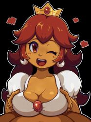 1boy 1girl :d black_background breasts cleavage collarbone crown dark-skinned_female dark-skinned_male dark_skin earrings grabbing_own_breast heart hetero highres imminent_paizuri jewelry kalia3see lipstick long_hair looking_at_viewer makeup mario_(series) nail_polish navel nintendo official_alternate_color one_eye_closed open_mouth outline pixel_heart pov princess_peach princess_toadstool_redraw_(meme) red_eyes red_hair shirt simple_background smile star-shaped_pupils star_(symbol) super_mario_bros._1 symbol-shaped_pupils tongue upper_body white_outline white_shirt wink