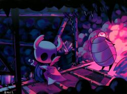 1girl 1other animated animated_gif arthropod_girl birdsmybeloved cave crystal glowing holding holding_quill hollow_knight knight_(hollow_knight) looping_animation mine_(place) mining myla_(hollow_knight) nail_(hollow_knight) pickaxe quill sitting writing