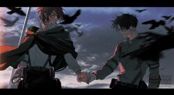 Rule 34 | 1boy, 1other, bandaged hand, bandaged head, bandages, bandaid, bandaid on cheek, bandaid on face, bird, black border, black hair, border, brown eyes, brown hair, cloak, cloud, cloudy sky, collared shirt, eyepatch, flock, furrowed brow, glasses, green cloak, grey shirt, hange zoe, harness, highres, holding hands, levi (shingeki no kyojin), looking at another, medium hair, outdoors, parted bangs, ponytail, shingeki no kyojin, shirt, short hair, sky, ss un17, twitter username, upper body, white shirt