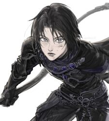 1girl androgynous armor black_cape black_gloves black_hair black_pants cape cowboy_shot cuts final_fantasy final_fantasy_xiv gloves grey_eyes highres holding holding_weapon injury leaning_forward looking_at_viewer o-ring open_mouth pants pauldrons reverse_trap sabbat_00 short_hair shoulder_armor simple_background single_pauldron solo sweat weapon white_background wide-eyed zero_(ff14)