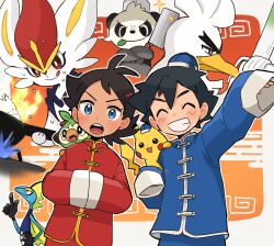 2boys :q alternate_costume antenna_hair ash_ketchum black_hair blue_eyes blue_hat blue_jacket blue_pants chinese_clothes cinderace closed_eyes commentary_request facing_viewer frying_pan gen_1_pokemon gen_6_pokemon gen_8_pokemon goh_(pokemon) grin grookey hat highres holding holding_frying_pan inteleon jacket long_sleeves male_focus multiple_boys nintendo open_mouth pancham pants pikachu pokemon pokemon_(anime) pokemon_(creature) pokemon_journeys pokesumomo red_jacket red_pants short_hair sirfetch&#039;d smile sweat sweatdrop teeth tongue tongue_out upper_teeth_only wok