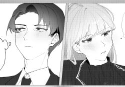 1boy 1girl angelica_(project_moon) blush closed_mouth collared_shirt greyscale lapels library_of_ruina long_hair monochrome necktie parted_bangs parted_lips portrait project_moon ribbed_sweater rinne_(poyonpoyon_o0) roland_(project_moon) shirt silver_trim sweater very_long_hair