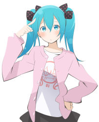 1girl black_skirt blush clothes_writing collarbone female_focus green_eyes green_hair hair_ribbon hand_on_own_hip hatsune_miku jacket long_hair looking_at_viewer matching_hair/eyes miniskirt open_clothes open_jacket pink_jacket ribbon shirt skirt solo t-shirt twintails vocaloid youkan