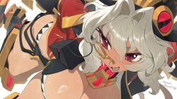 1girl breasts cleavage commission fang foreshortening hair_intakes hata4564 highres large_breasts leg_up looking_to_the_side monocle open_mouth original red_eyes skeb_commission slit_pupils solo sweat thank_you white_hair