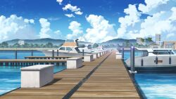 blue_sky boat building cloud cloudy_sky day dock fishing_rod forest highres mountainous_horizon nature no_humans non-web_source ocean official_art our_life:_beginnings_and_always outdoors palm_tree pier ship sky tree water watercraft wooden_floor