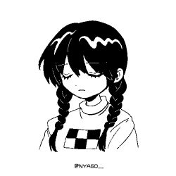 Rule 34 | 1girl, artist name, braid, closed mouth, commentary, dot nose, eyelashes, frown, greyscale, highres, low twin braids, madotsuki, medium hair, monochrome, nas u, oekaki, portrait, sad, simple background, solo, sweater, symbol-only commentary, turtleneck, turtleneck sweater, twin braids, twitter username, white background, yume nikki