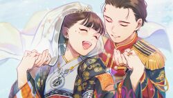 1boy 1girl aam09212 black_hair black_jacket blush closed_eyes couple dybowski_suzume hetero highres holding_hands jacket japanese_clothes jewelry kimono long_hair ohsama_sentai_king-ohger rcules_husty red_jacket ring short_hair super_sentai suzume_dybowski upper_body veil white_kimono