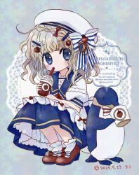 1girl absurdres artist_name bird blonde_hair blue_eyes blue_sailor_collar blue_skirt braid chiko_(star_pocco) cup dated drinking_straw drinking_straw_in_mouth food fruit full_body hat hat_ribbon highres holding holding_cup looking_at_viewer medium_hair original penguin puffy_short_sleeves puffy_sleeves red_shoes ribbon sailor_collar sailor_hat shirt shoes short_sleeves signature skirt socks squatting strawberry striped_ribbon watermark white_shirt white_socks